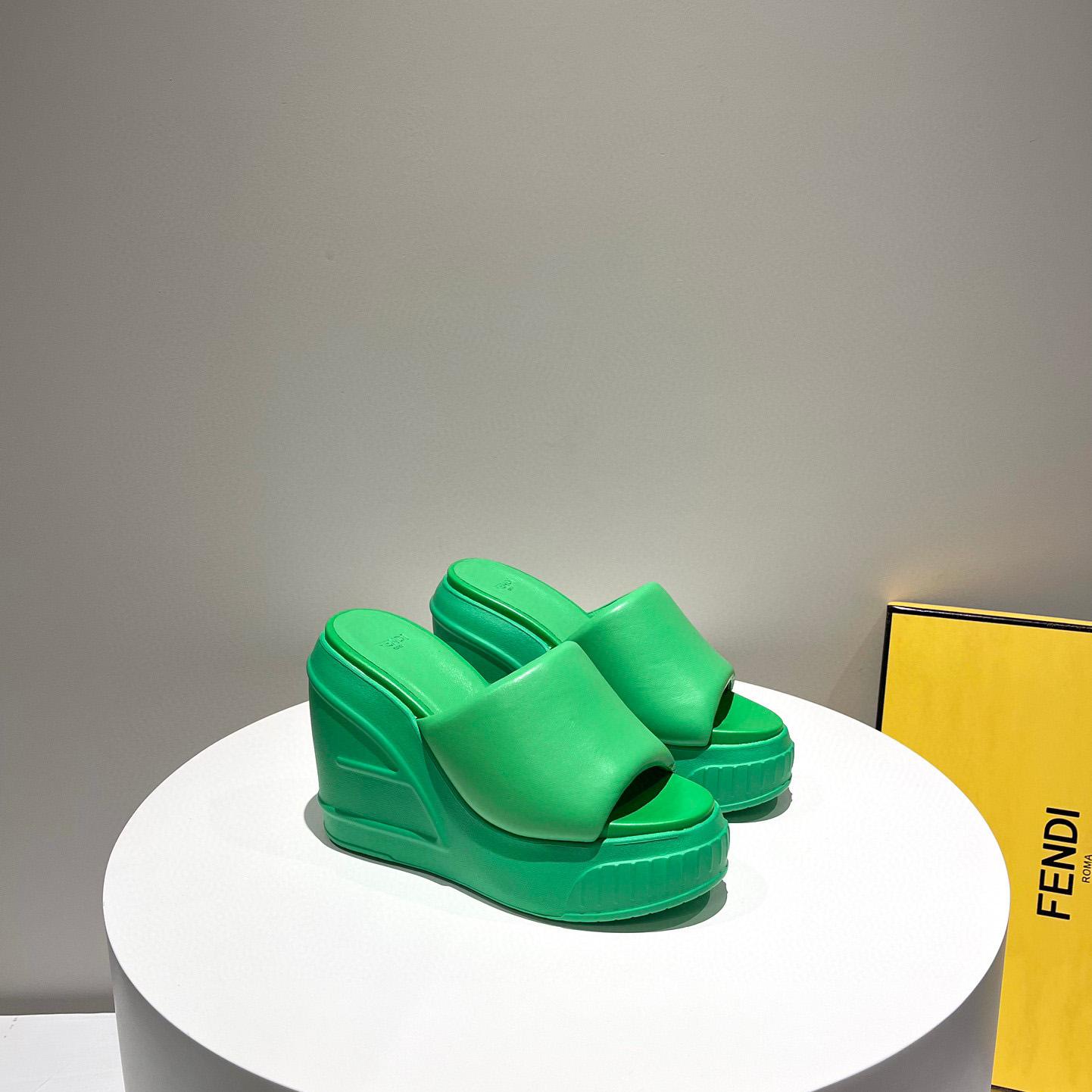 Fendi Fashion Show Green Nappa Leather Slides - everydesigner