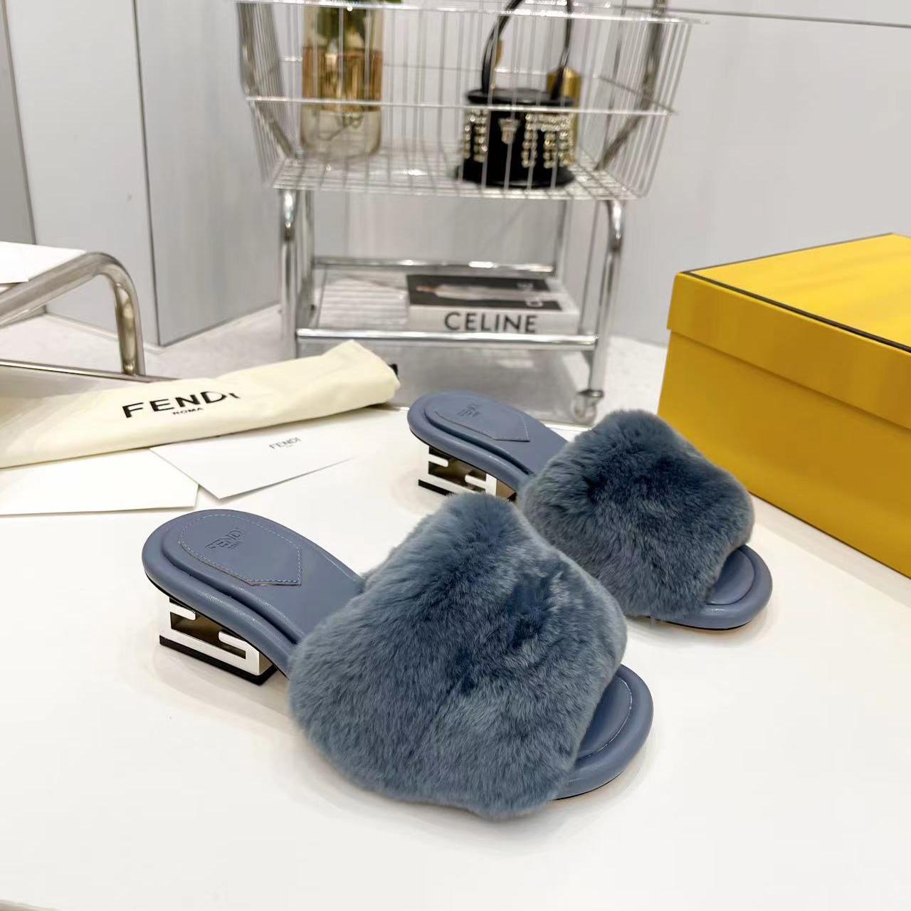 Fendi Baguette Blue Mink Slides - everydesigner