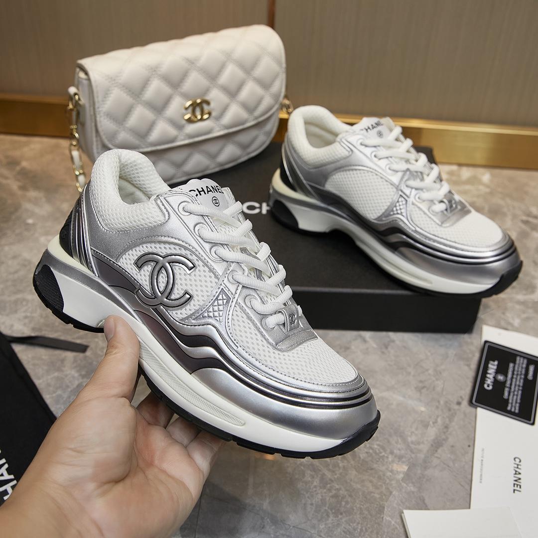 Chanel Fabric & Laminated Sneakers In White & Silver - everydesigner