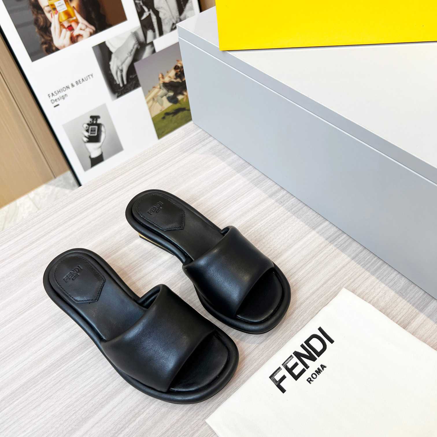 Fendi Baguette Black Nappa Leather Slides - everydesigner