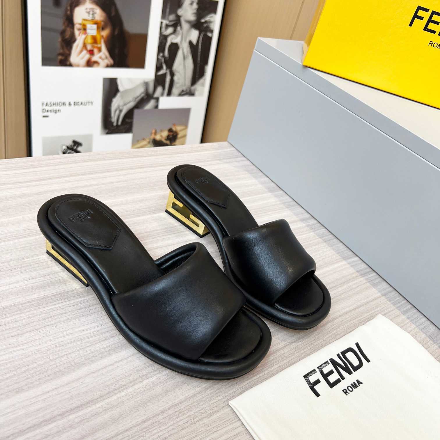 Fendi Baguette Black Nappa Leather Slides - everydesigner