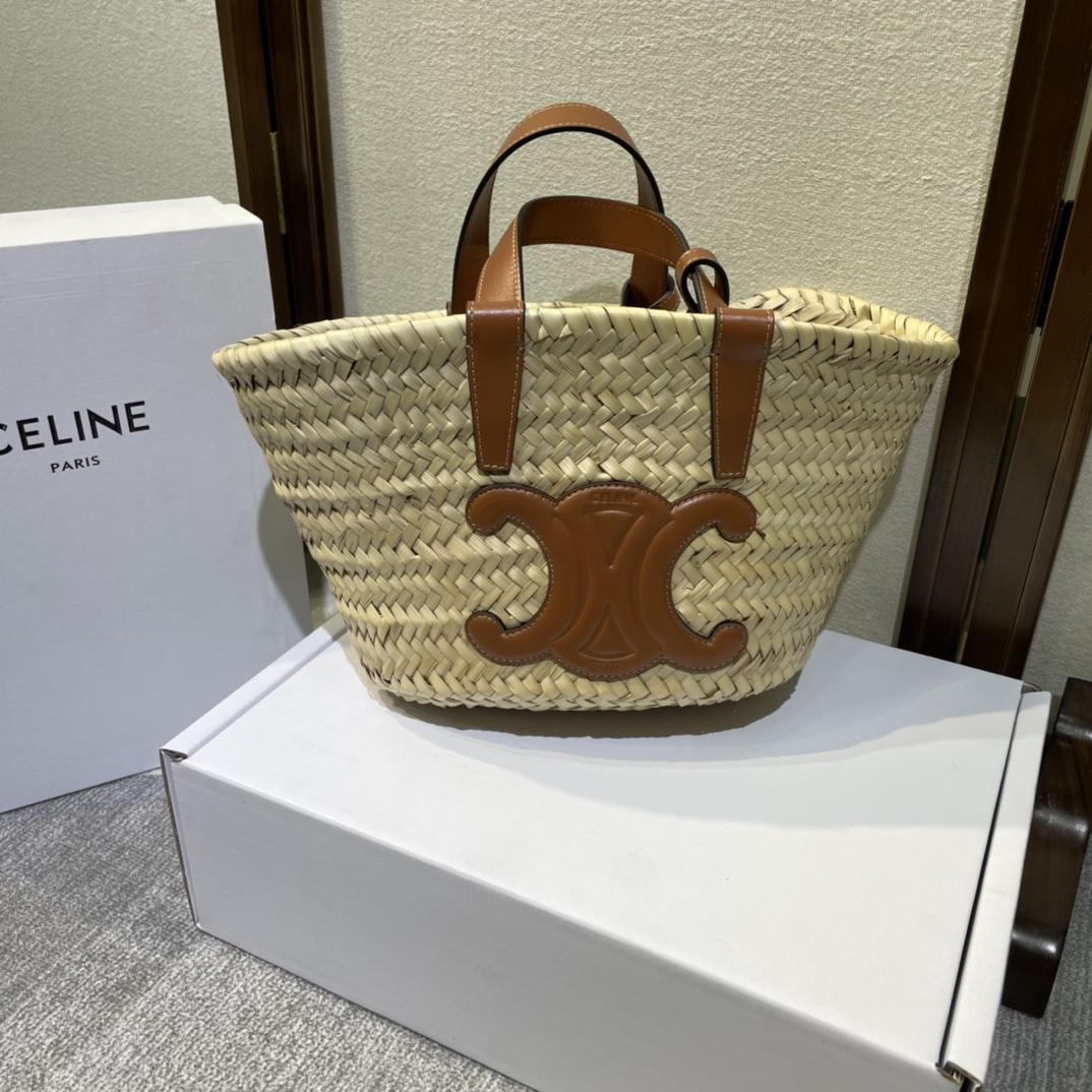 Celine Teen Triomphe Celine Classic Panier In Palm Leaves And Calfskin Tan - everydesigner