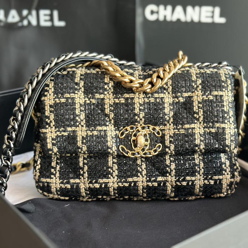 Chanel Black and Gold Tweed Medium 19 Bag Gold Hardware - everydesigner