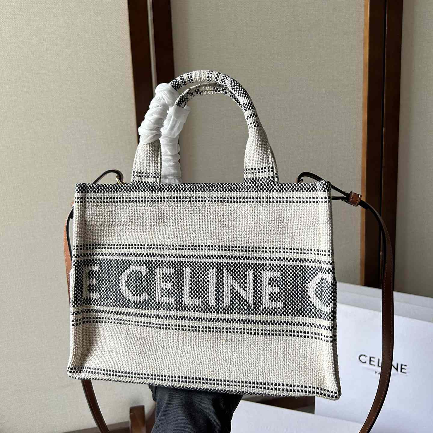 Celine Small Cabas Thais In Striped Textile With Celine jacquard White / Black  - everydesigner