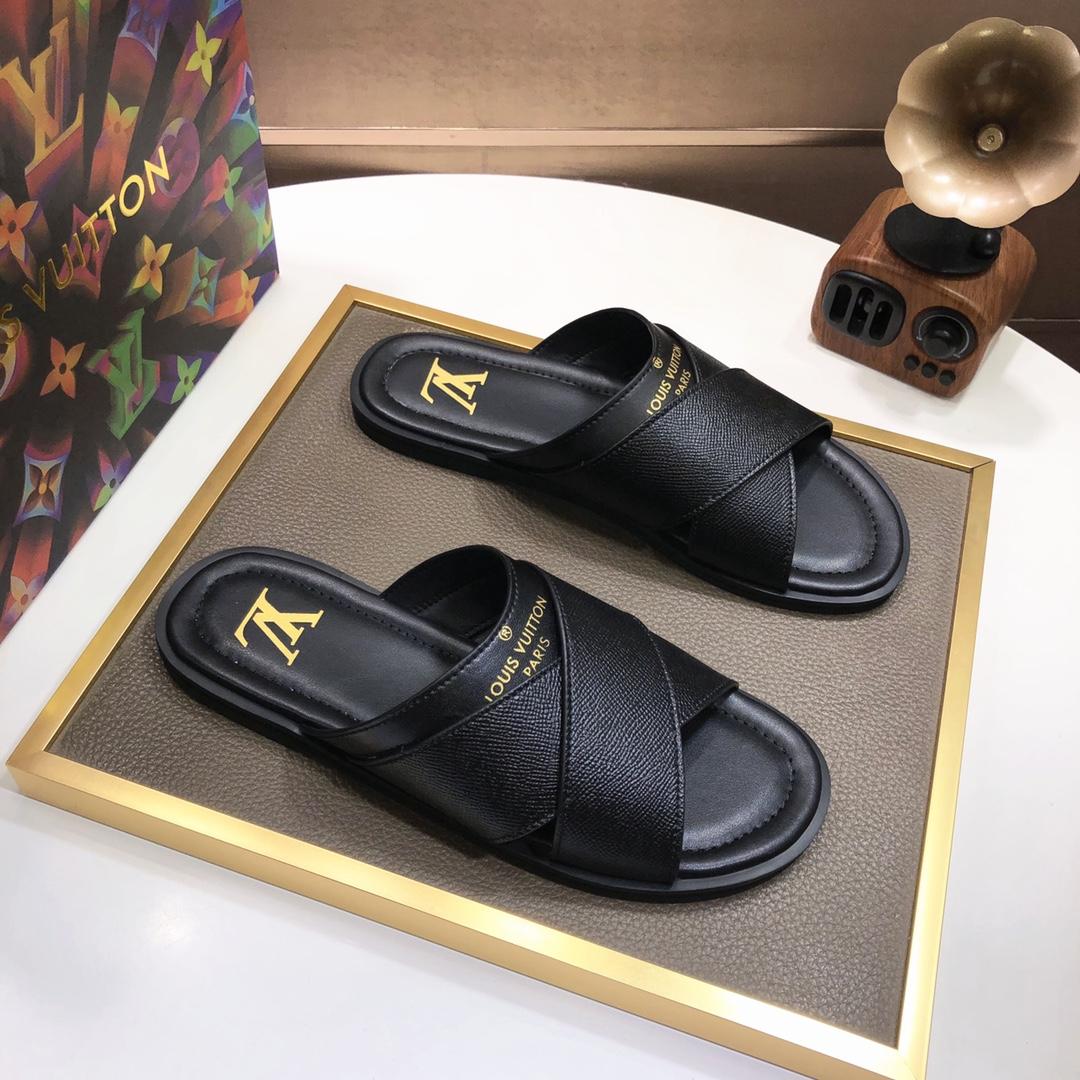 Louis Vuitton Black Leather Foch Cross Strap Flat Slides - everydesigner