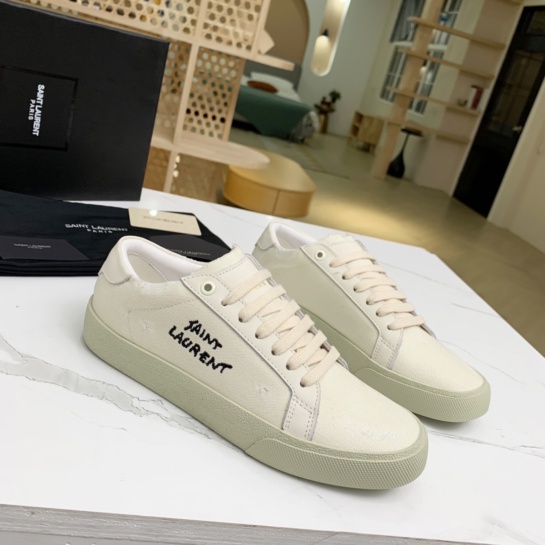 Saint Laurent Court Classic Sl/06 Sneakers Embroidered With Saint Laurent,In White Worn-look Fabric And Leather - everydesigner