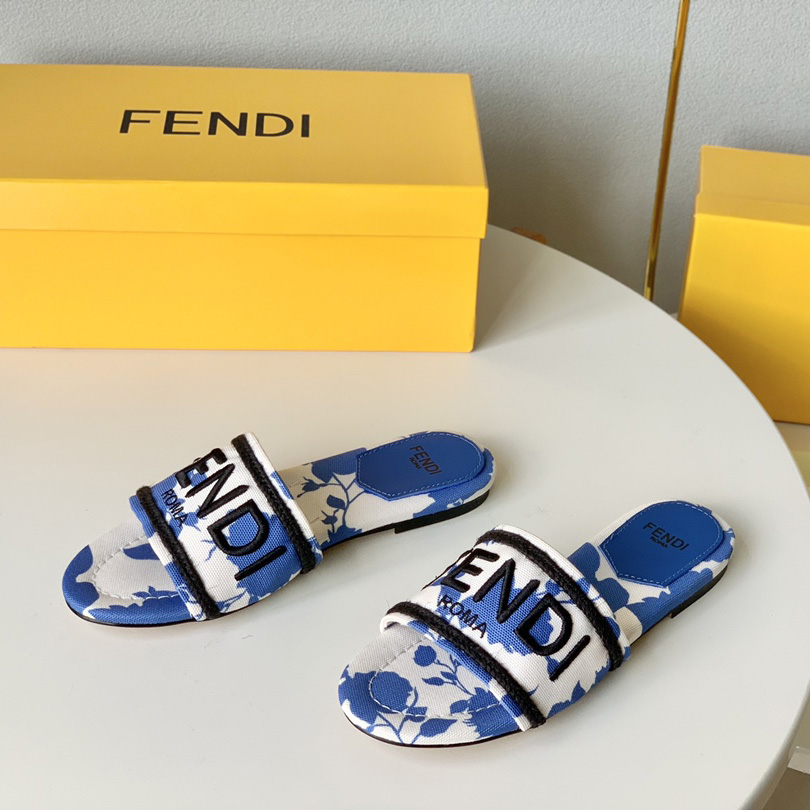 Fendi Signature Blue Canvas Slides - everydesigner