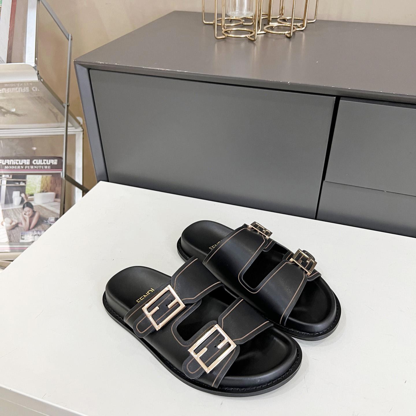 Fendi Feel Black Leather Slides - everydesigner