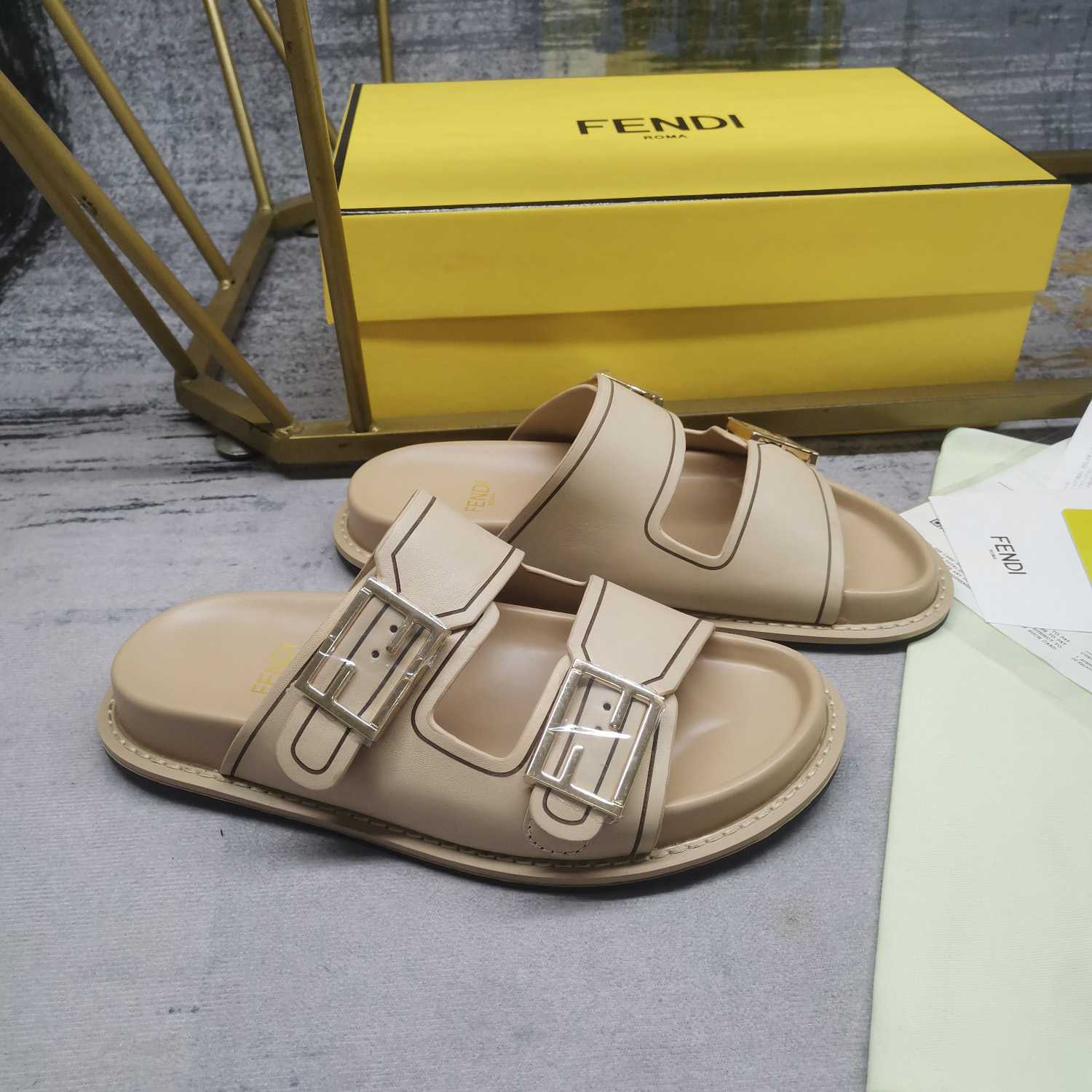 Fendi Feel Beige Leather Slides - everydesigner