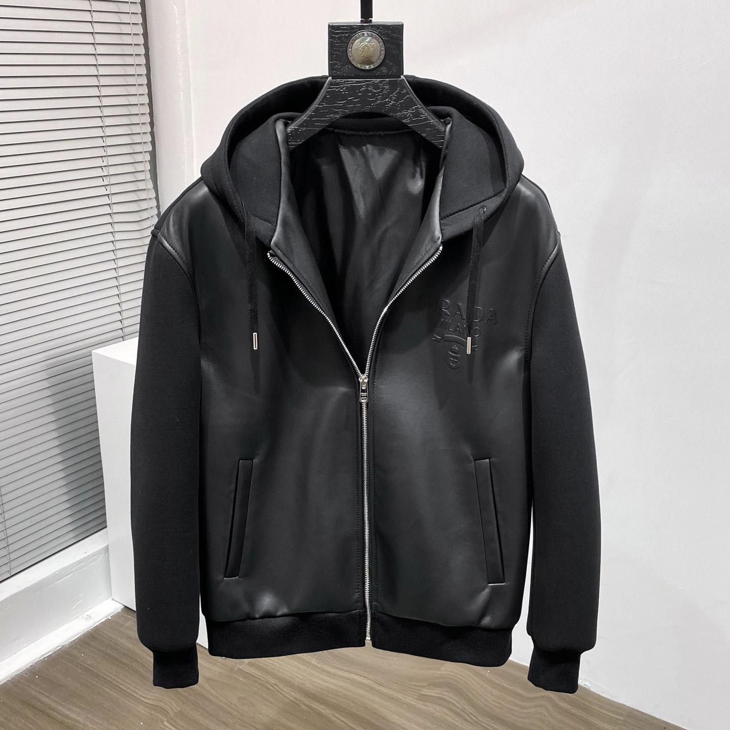 Prada Technical Fleece And Leather Hoodie Jacket - everydesigner