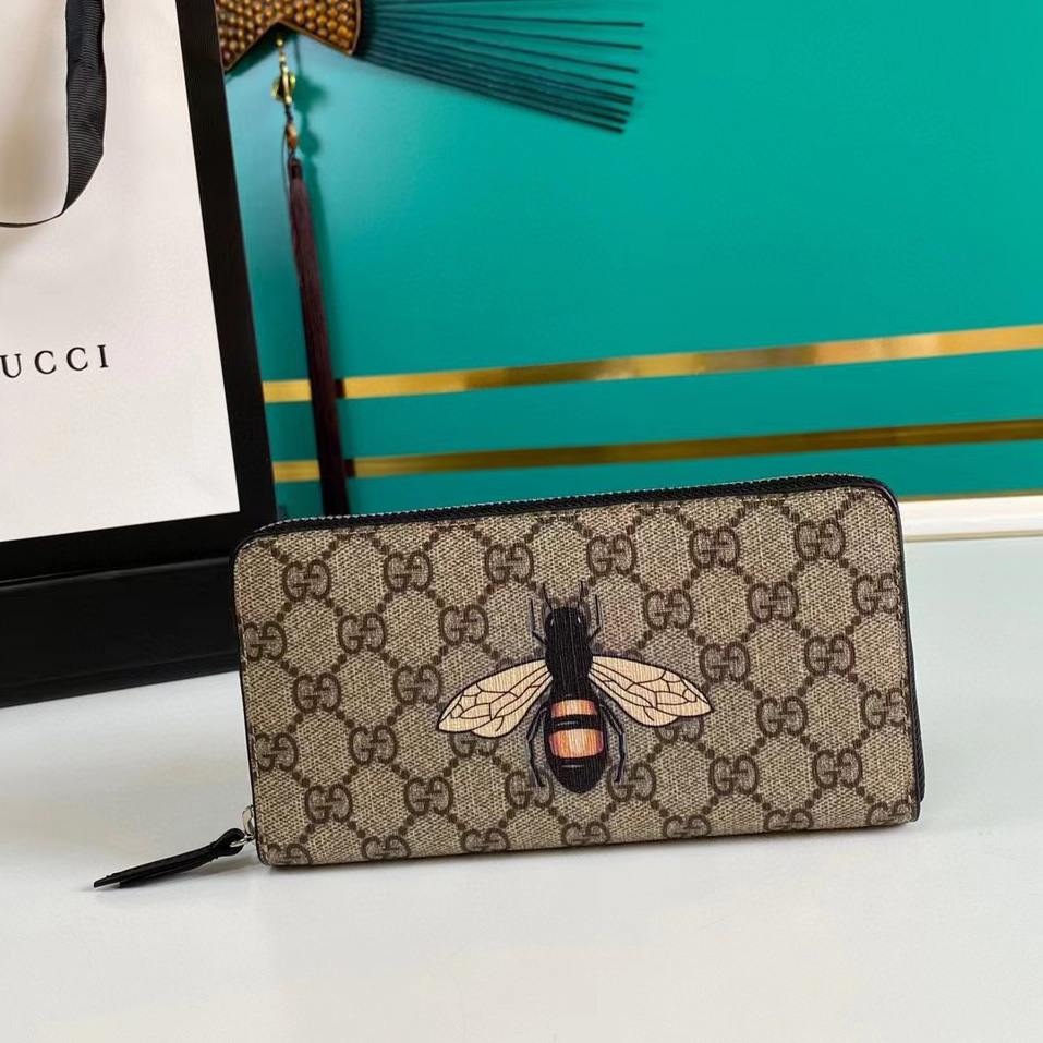 Gucci Bee Print GG Supreme Zip Around Wallet (19*10.5*2.5cm) - everydesigner