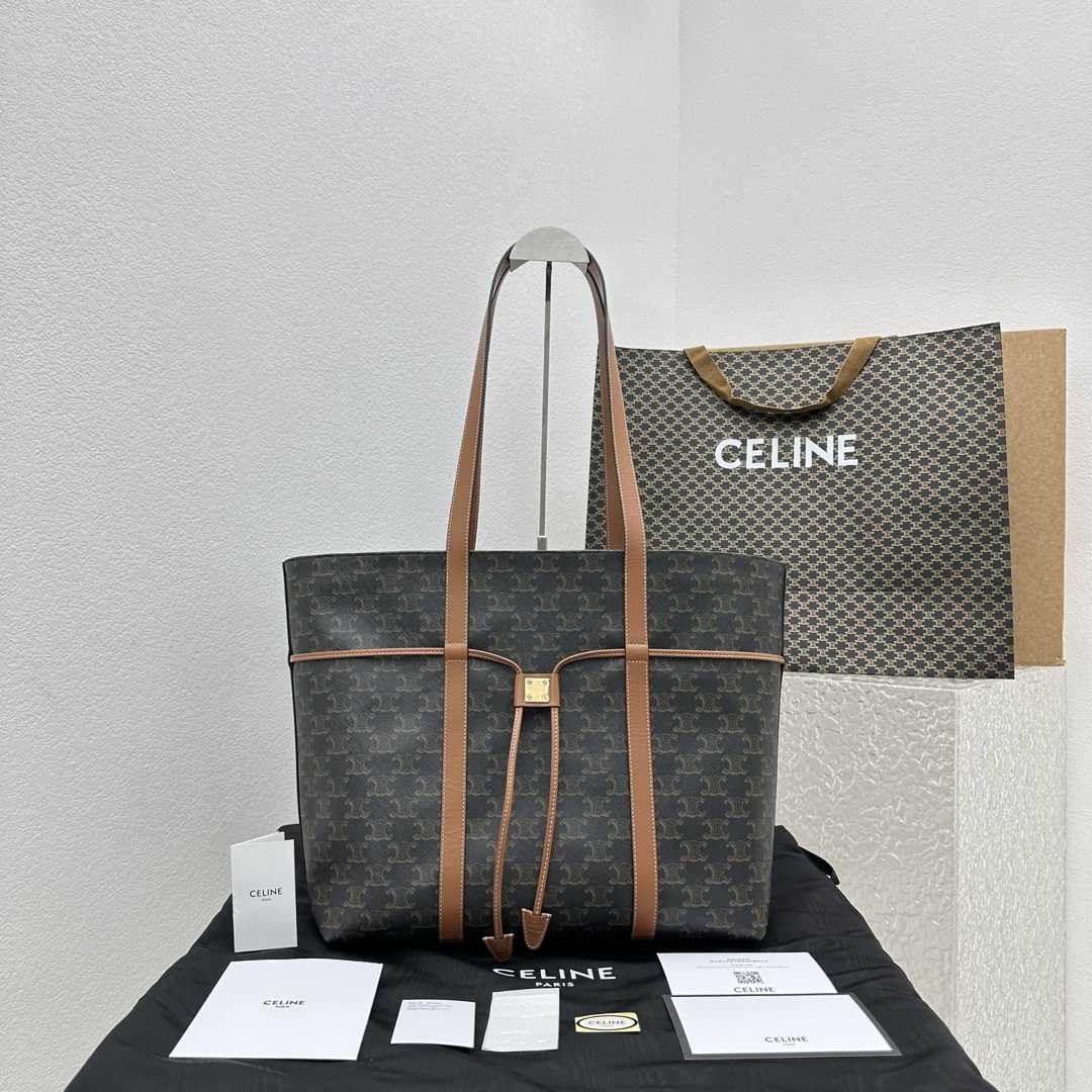 Celine Cabas Drawstring In Triomphe Canvas And Calfskin Tan - everydesigner