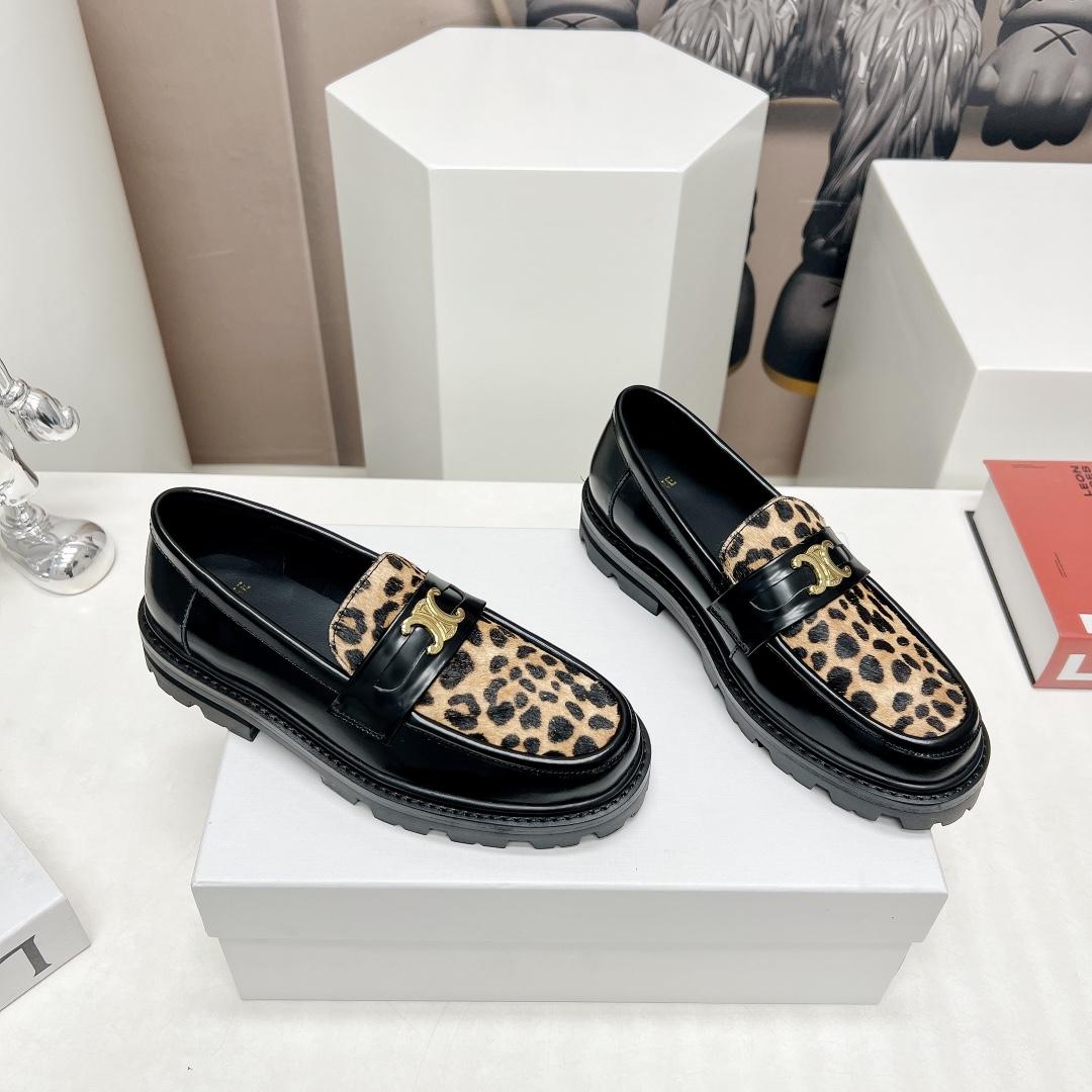 Celine Margaret Loafer With Triomphe In Polished Bull & Leopard Printed Hairy Calfskin Cal - everydesigner