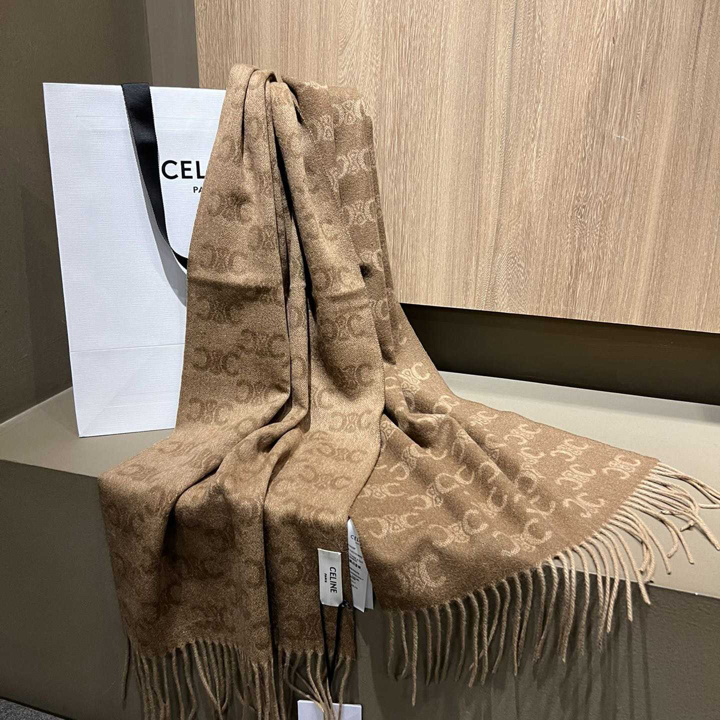 Celine Scarf In Monogram Cashmere Beige/toffee - everydesigner