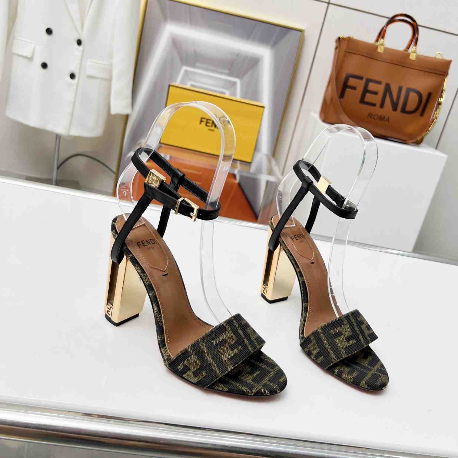 Fendi Delfina Brown Fabric High-heeled Sandals - everydesigner