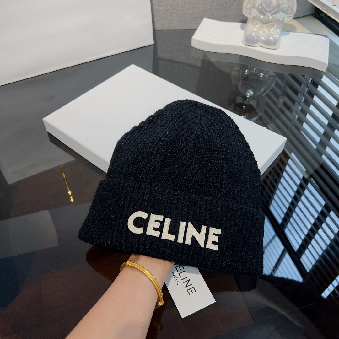 Celine  Embroidered Beanie In Ribbed Wool - everydesigner