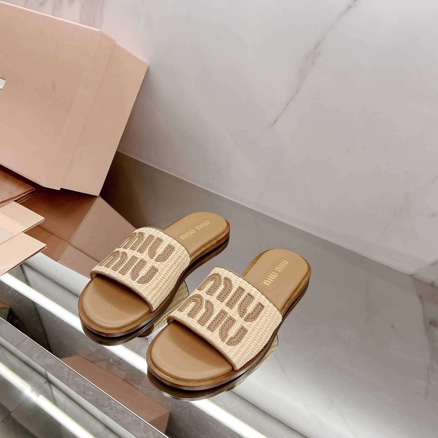 Miu Miu Raffia-effect Woven Fabric Slides - everydesigner