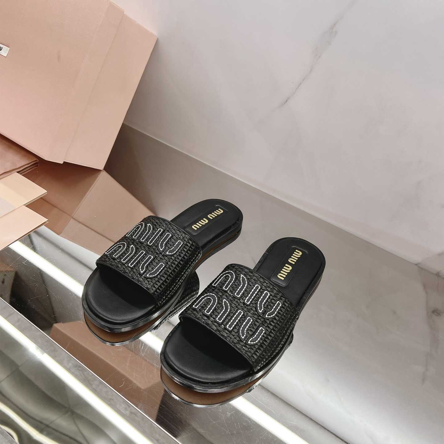 Miu Miu Raffia-effect Woven Fabric Slides - everydesigner