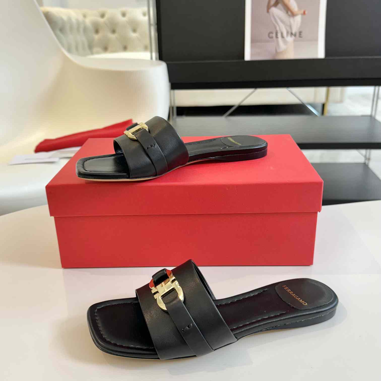 Ferragamo Women's Black Flat Slide With Gancini Ornament - everydesigner