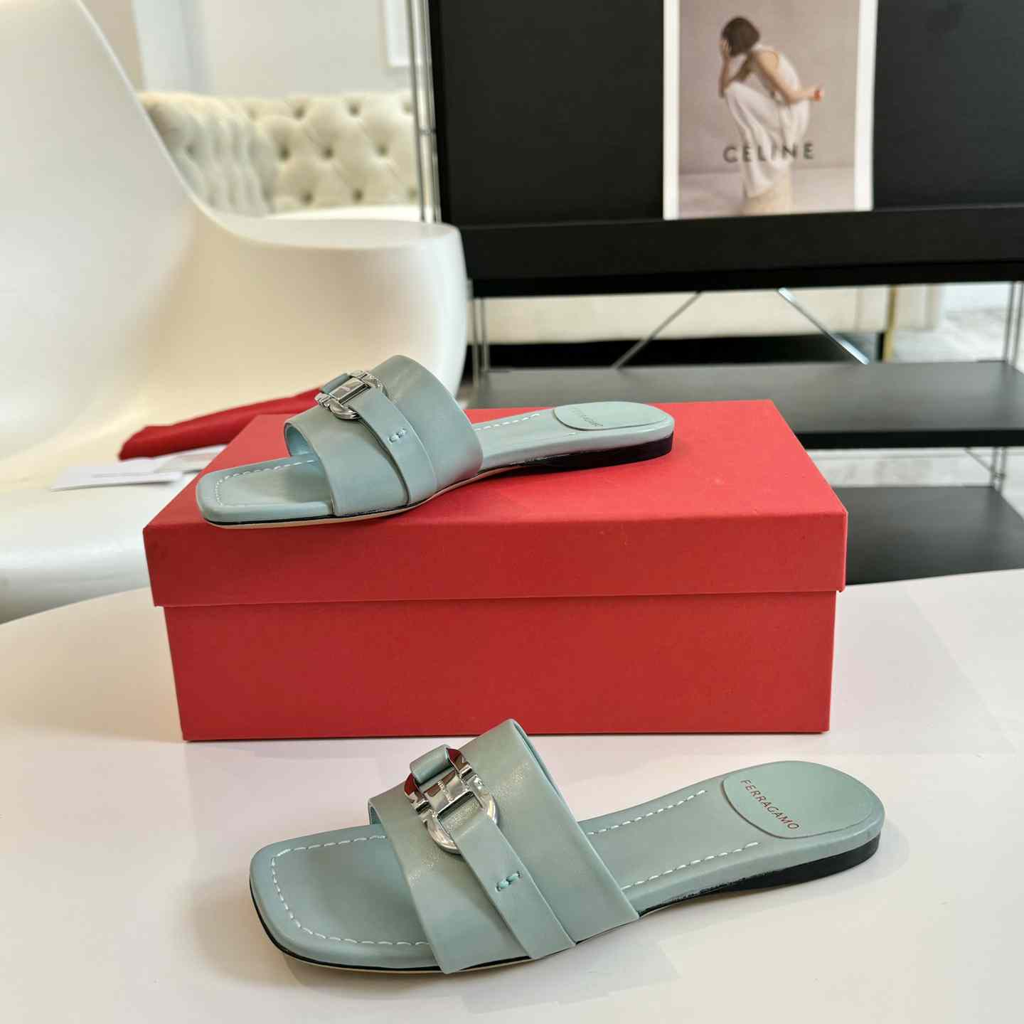 Ferragamo Women's Flat Slide With Gancini Ornament - everydesigner