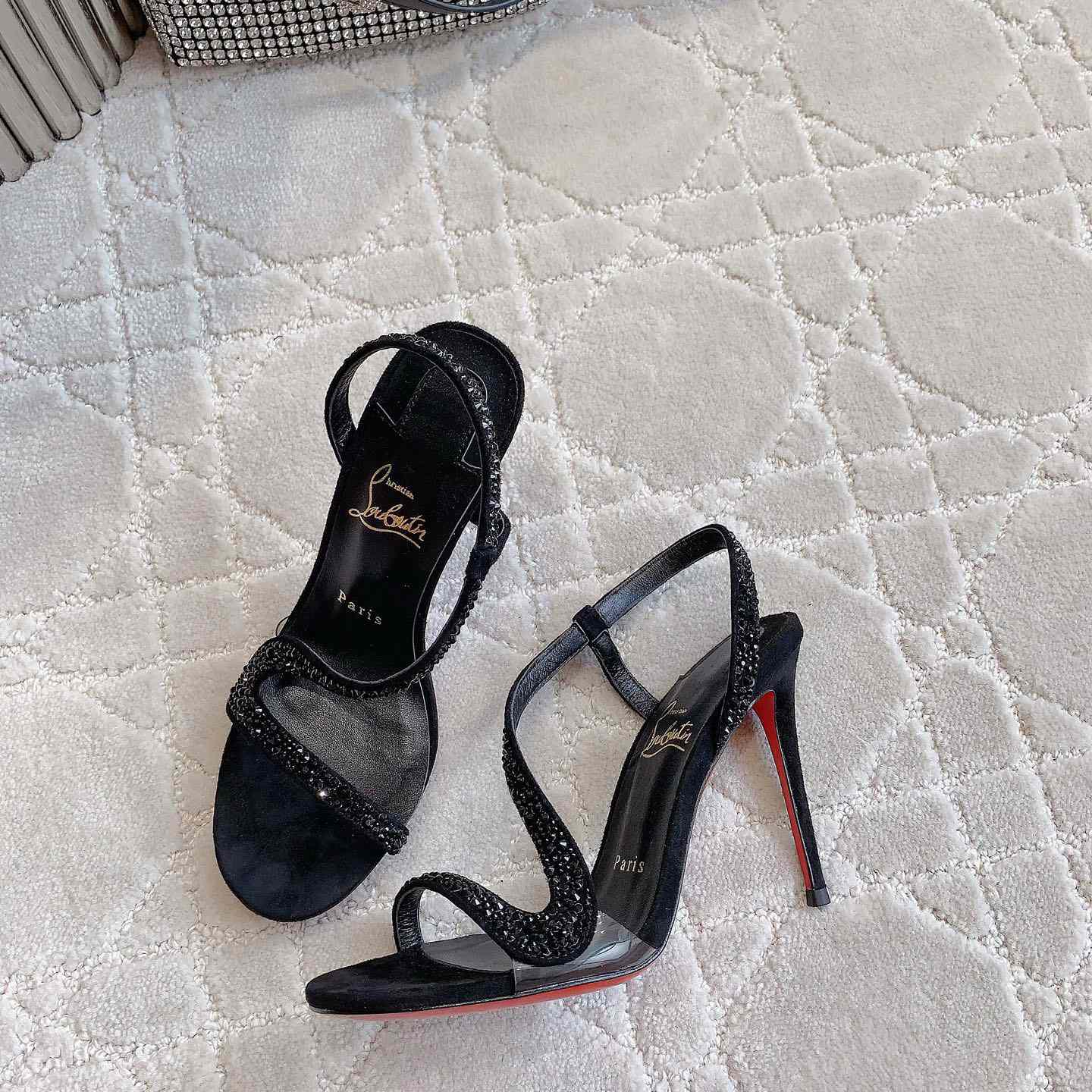 Christian Louboutin Black Suede Crystal Embellished Rosalie Sandals - everydesigner