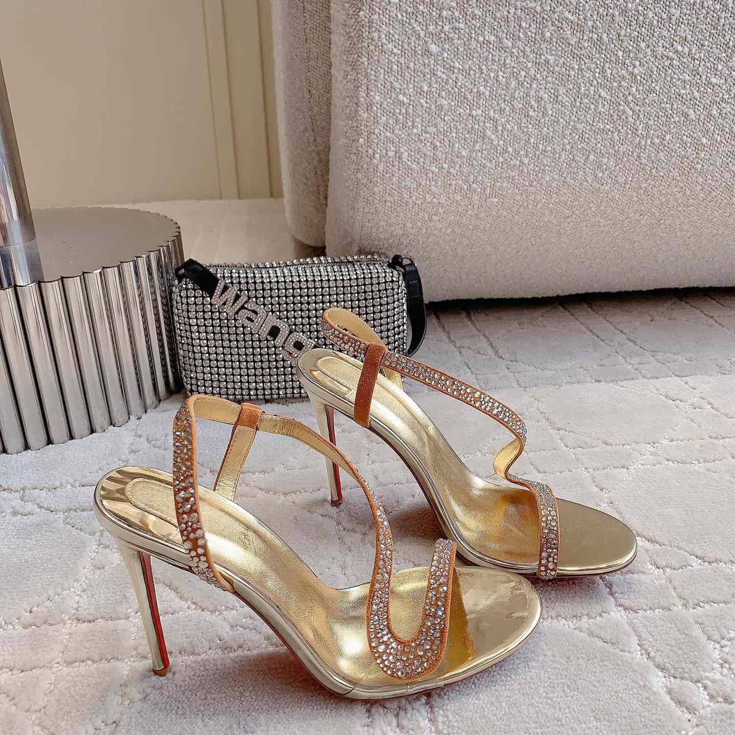 Christian Louboutin Gold Suede Crystal Embellished Rosalie Sandals - everydesigner