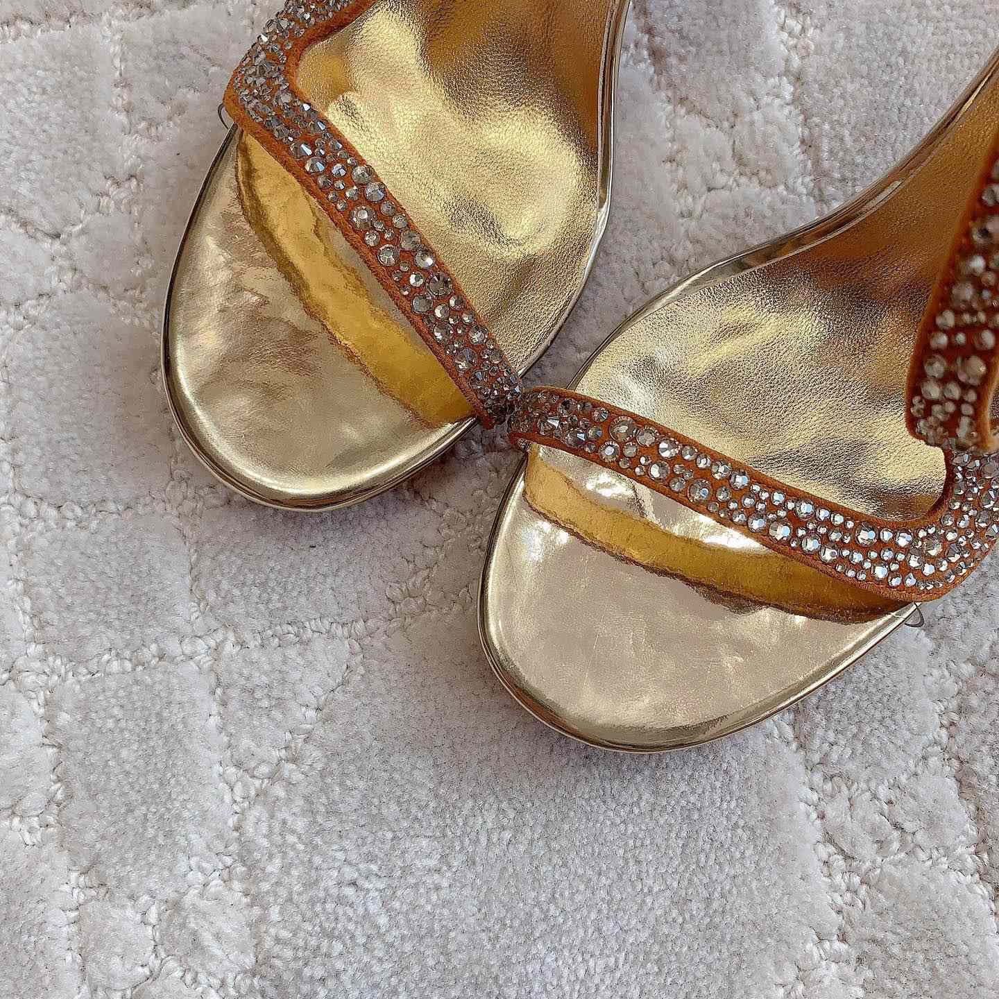 Christian Louboutin Gold Suede Crystal Embellished Rosalie Sandals - everydesigner