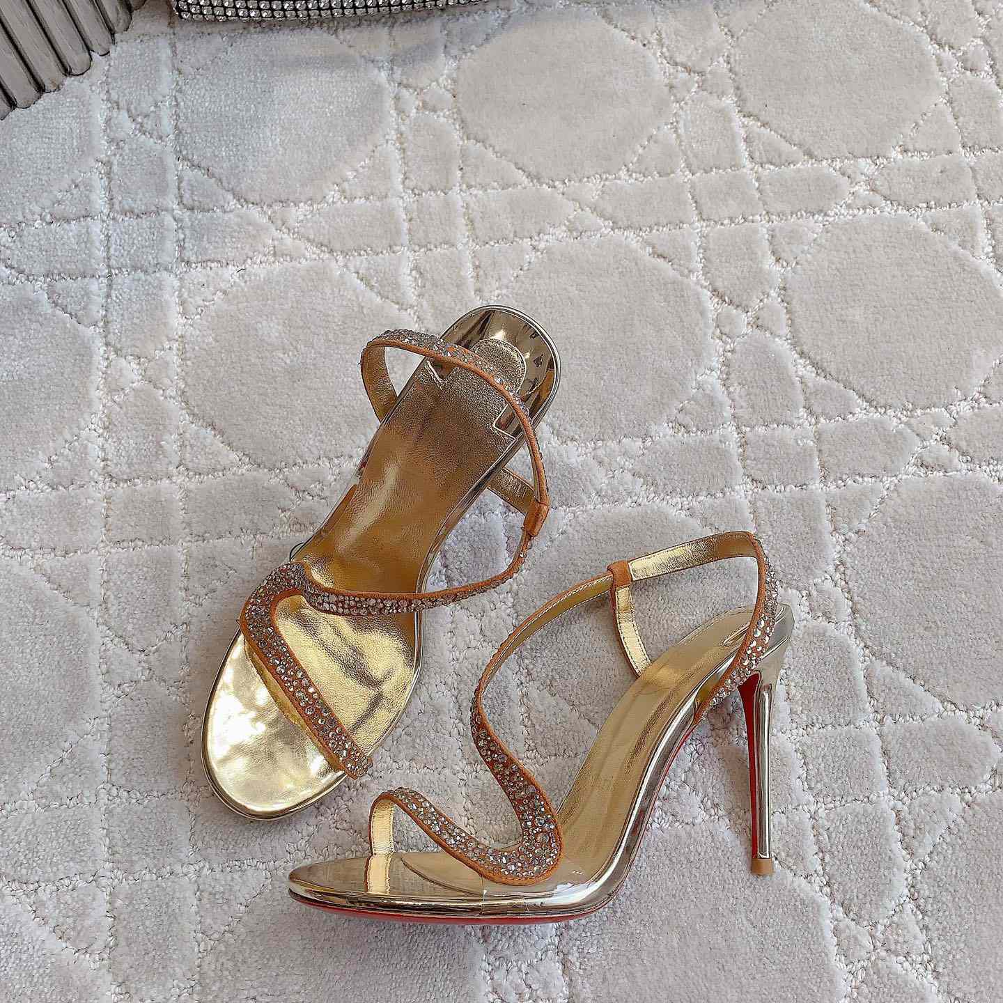 Christian Louboutin Gold Suede Crystal Embellished Rosalie Sandals - everydesigner