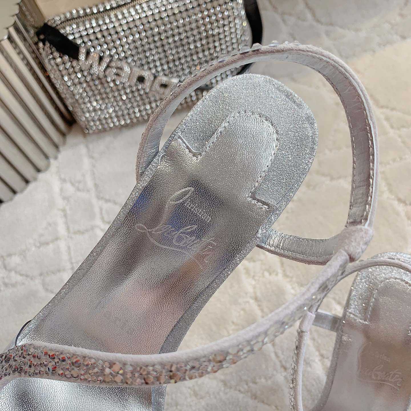 Christian Louboutin Silvery Suede Crystal Embellished Rosalie Sandals - everydesigner