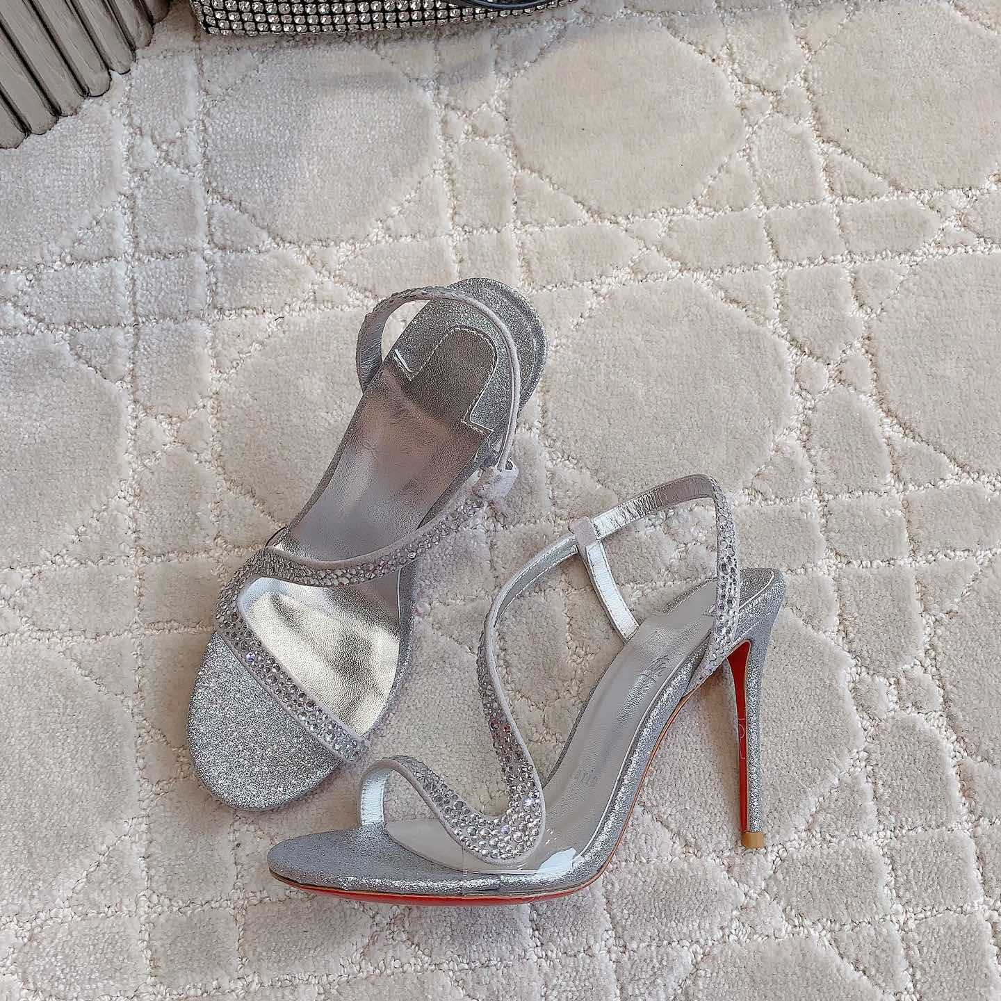 Christian Louboutin Silvery Suede Crystal Embellished Rosalie Sandals - everydesigner