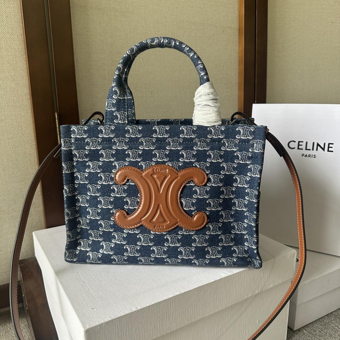 Celine Small Cabas Thais In Denim With Triomphe All-over And Calfskin Denim / Silver - everydesigner