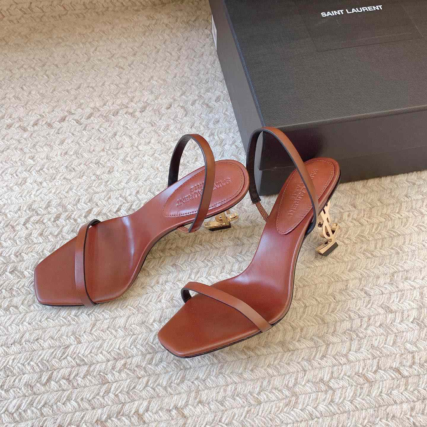 Saint Laurent Women's Brown Opyum 85 Leather Slingback Sandals - everydesigner