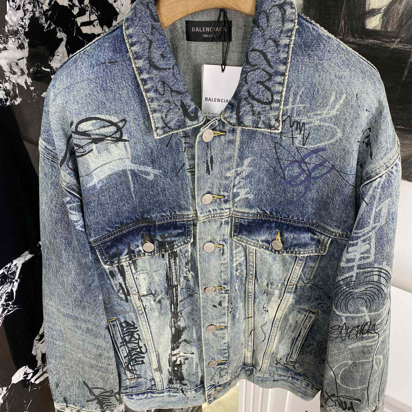 Balenciaga Blue Graffiti Denim Jacket Coat - everydesigner