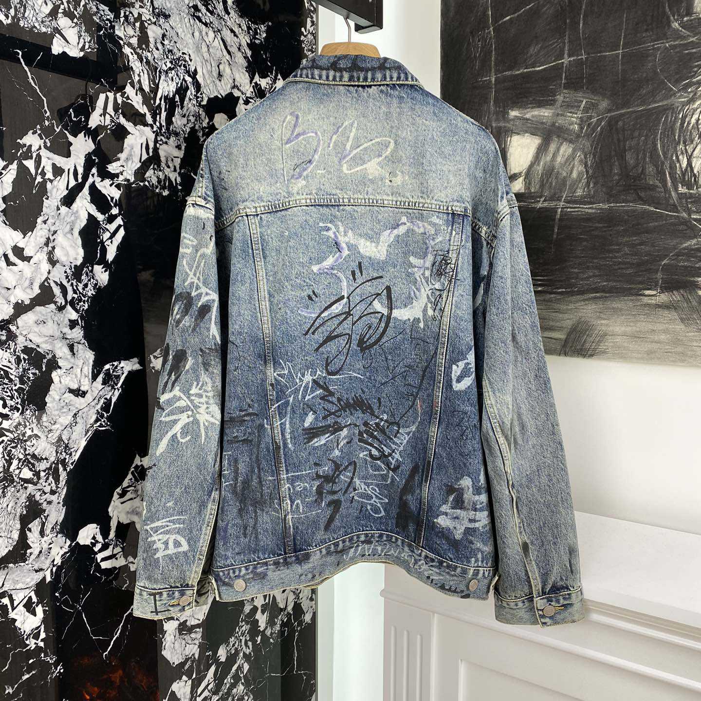 Balenciaga Blue Graffiti Denim Jacket Coat - everydesigner