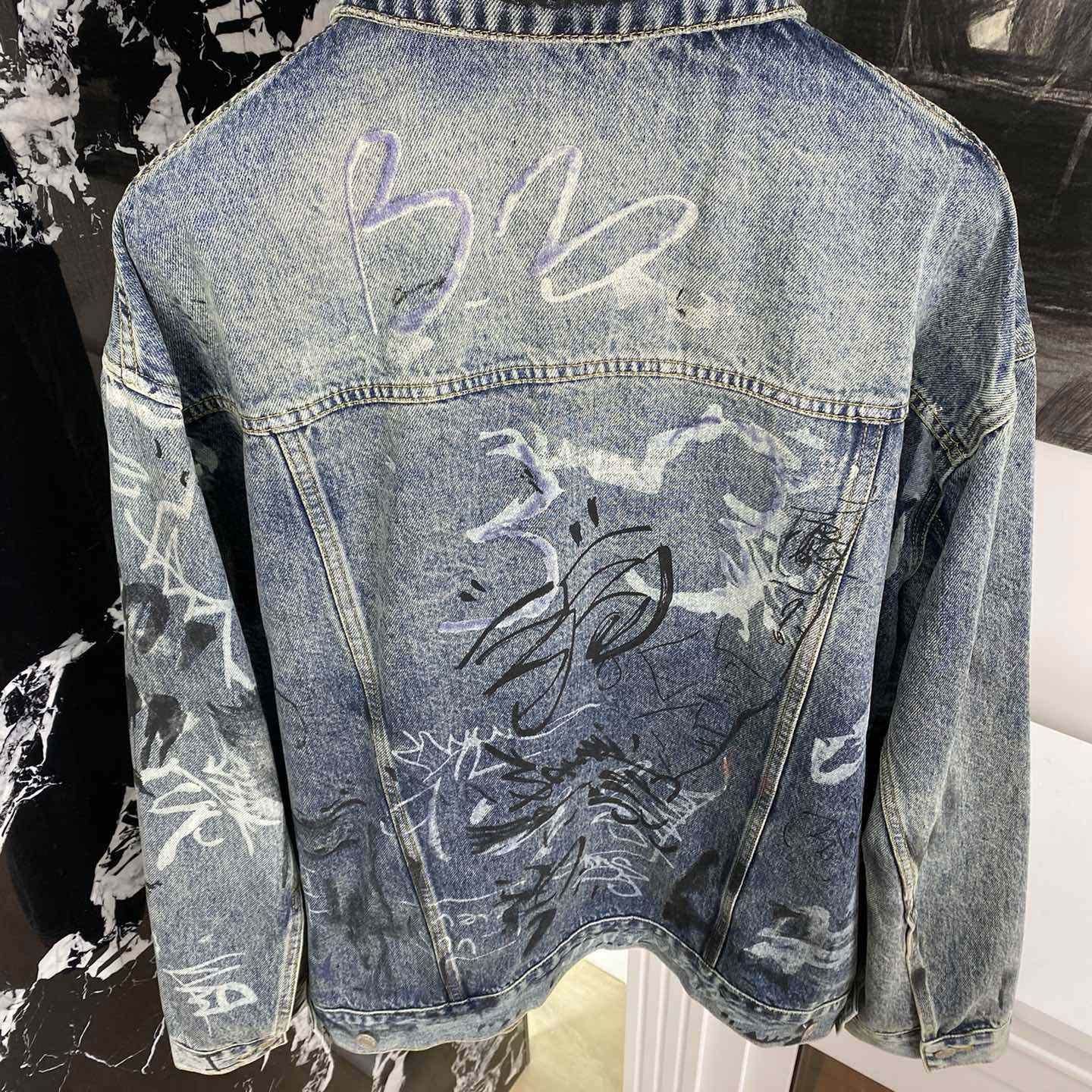 Balenciaga Blue Graffiti Denim Jacket Coat - everydesigner