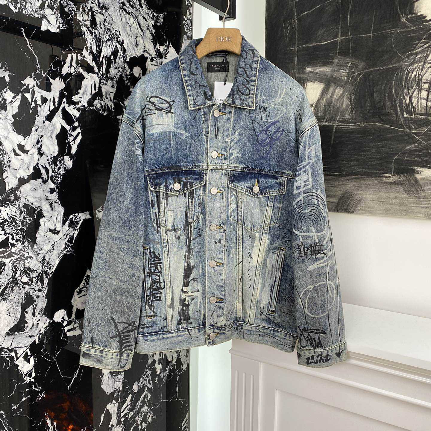 Balenciaga Blue Graffiti Denim Jacket Coat - everydesigner