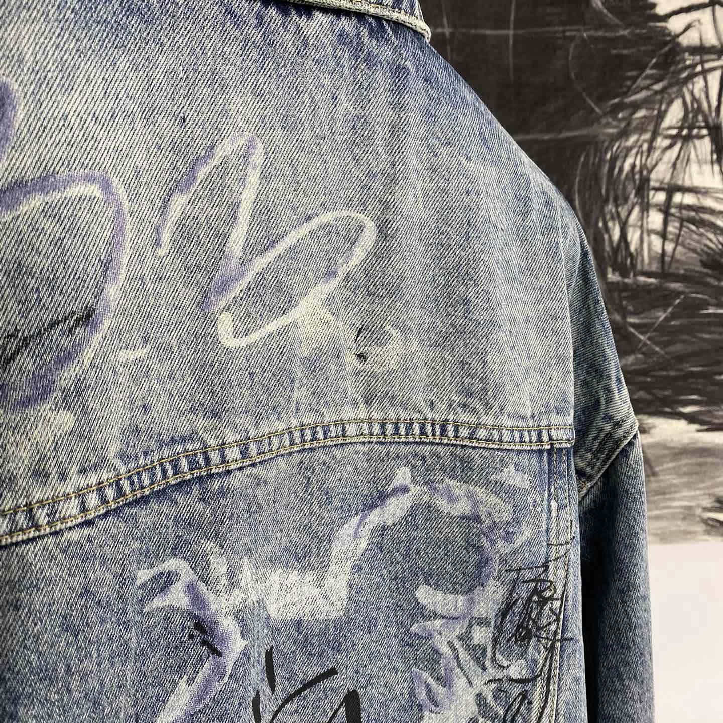 Balenciaga Blue Graffiti Denim Jacket Coat - everydesigner