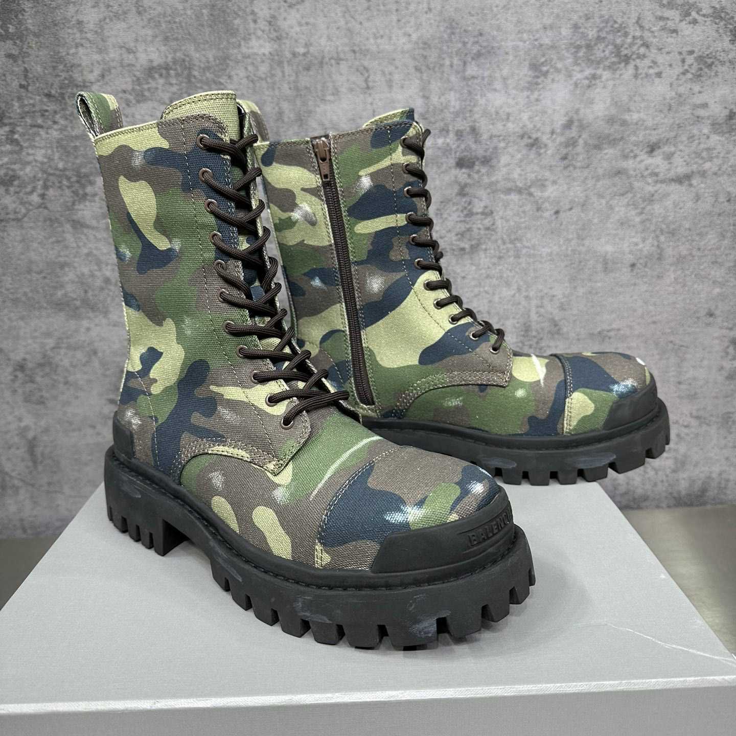 Balenciaga Strike 20mm Boot In Dark Green Camo Print On Canvas - everydesigner