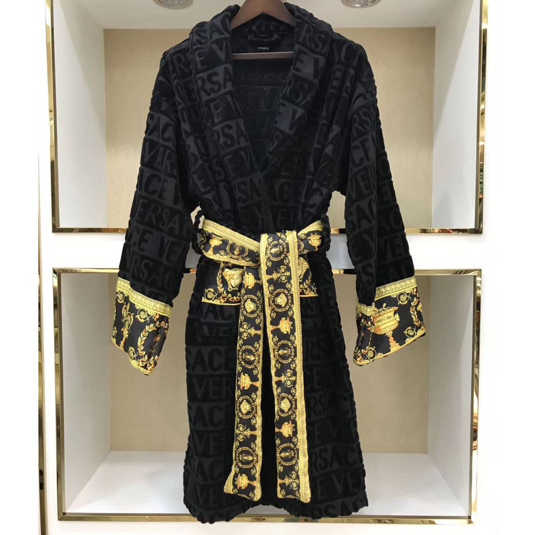 Versace Embroidered Bathrobe Black Gold - everydesigner