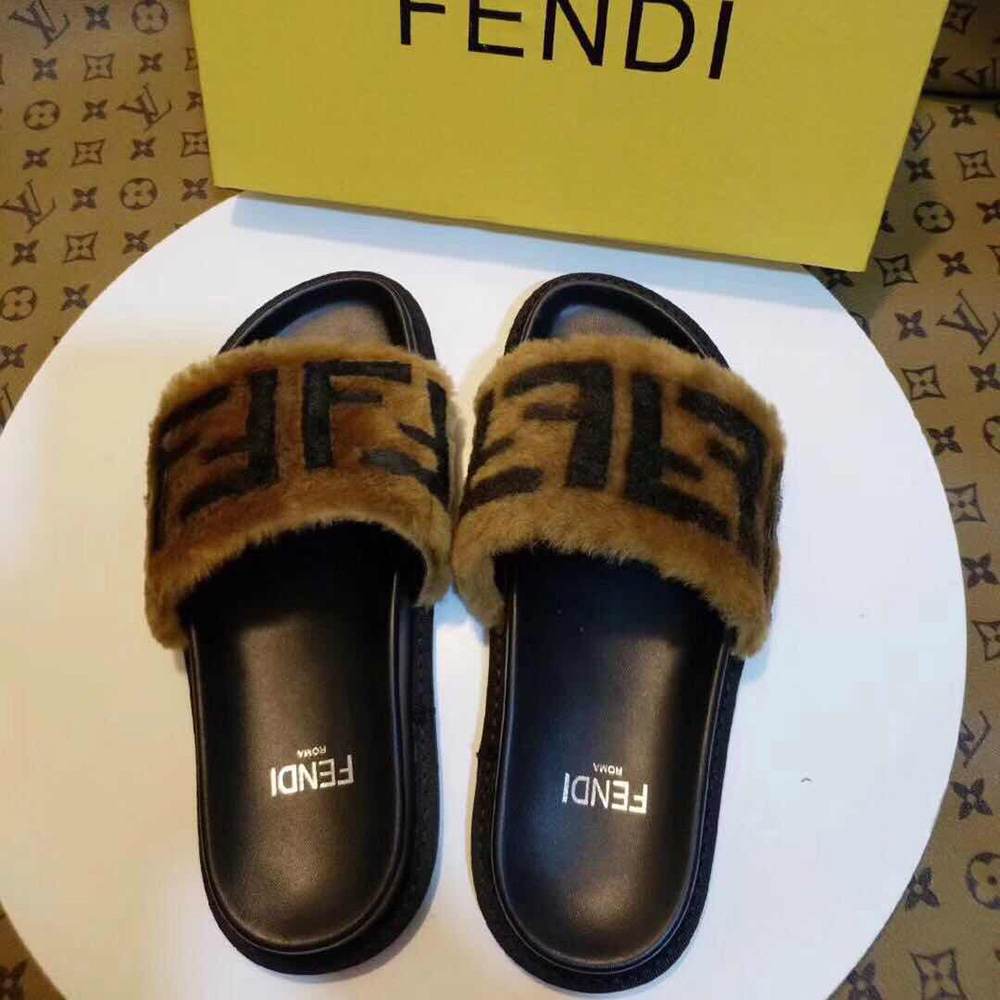 Fendi Brown Leather And Sheepskin Slides - everydesigner