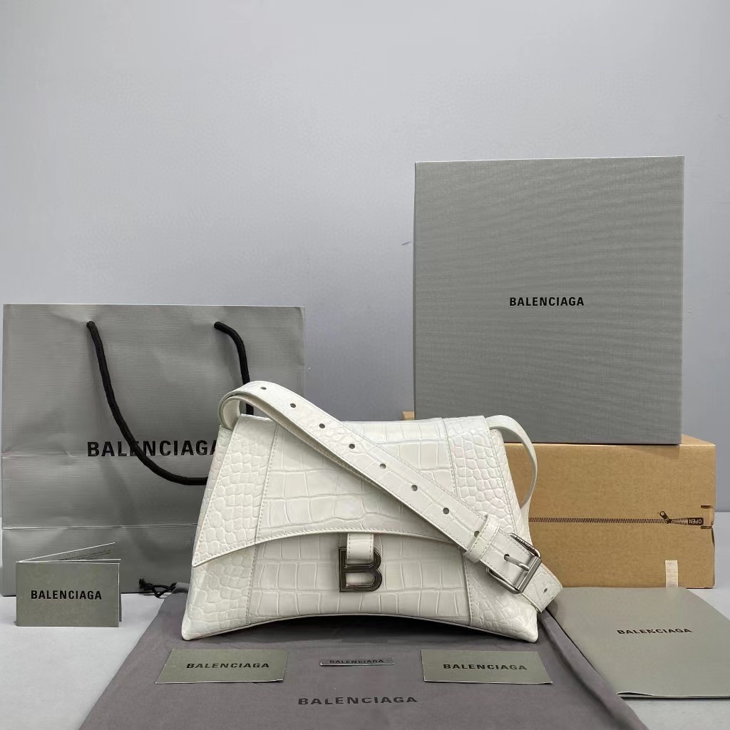 Balenciaga Women's Downtown Small Shoulder Bag Crocodile Embossed In White（29-18-10CM） - everydesigner