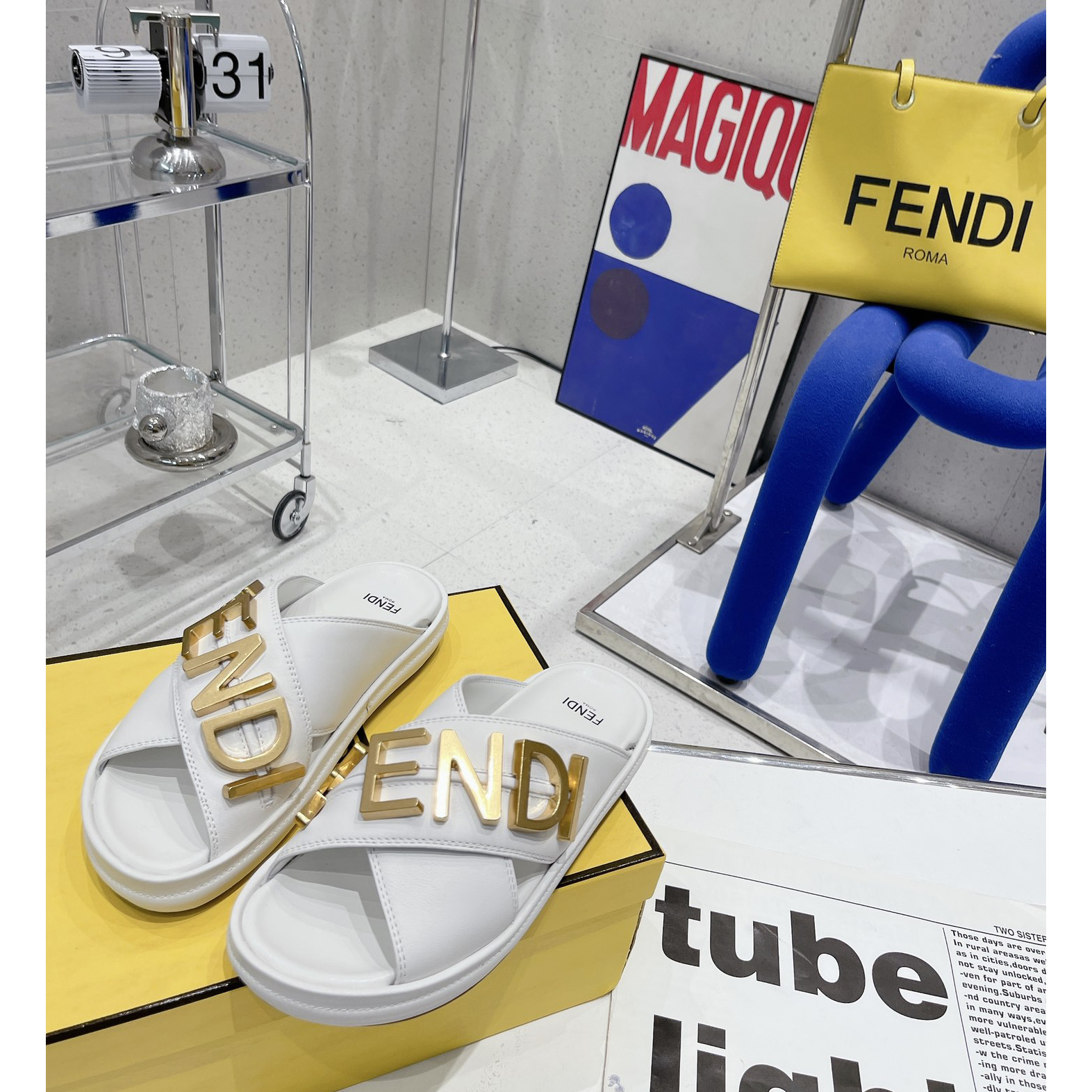 Fendi Graphy White Leather Slides - everydesigner