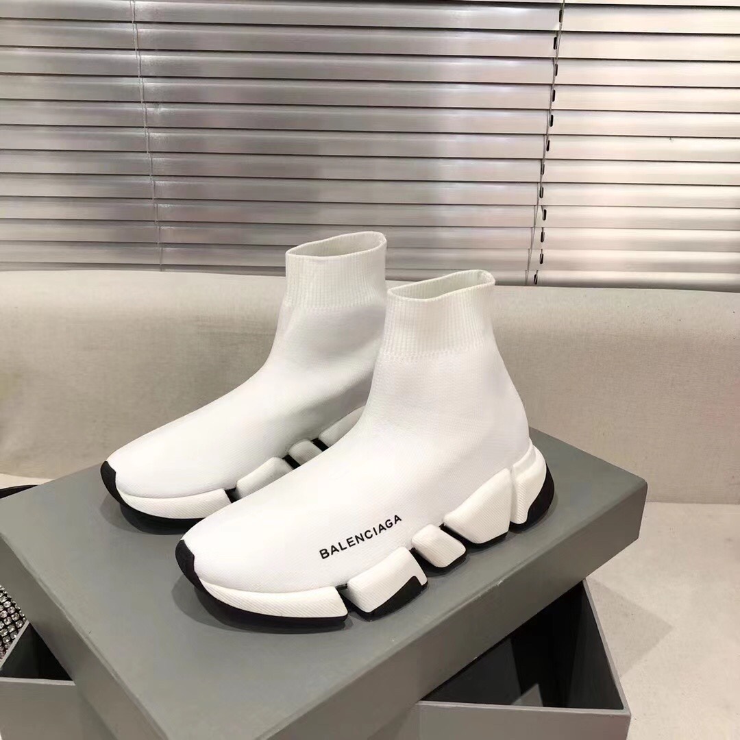 Balenciaga  Speed 2.0 Recycled Knit Sneaker In White/Black - everydesigner