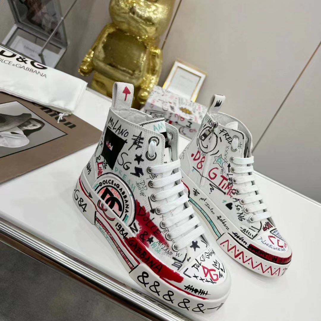 Dolce & Gabbana Hand-Painted Graffiti Canvas Portofino Light Mid-Top  Sneakers - everydesigner