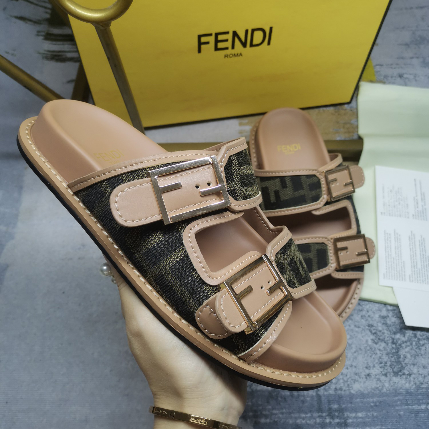 Fendi Feel Brown FF Fabric Slides - everydesigner