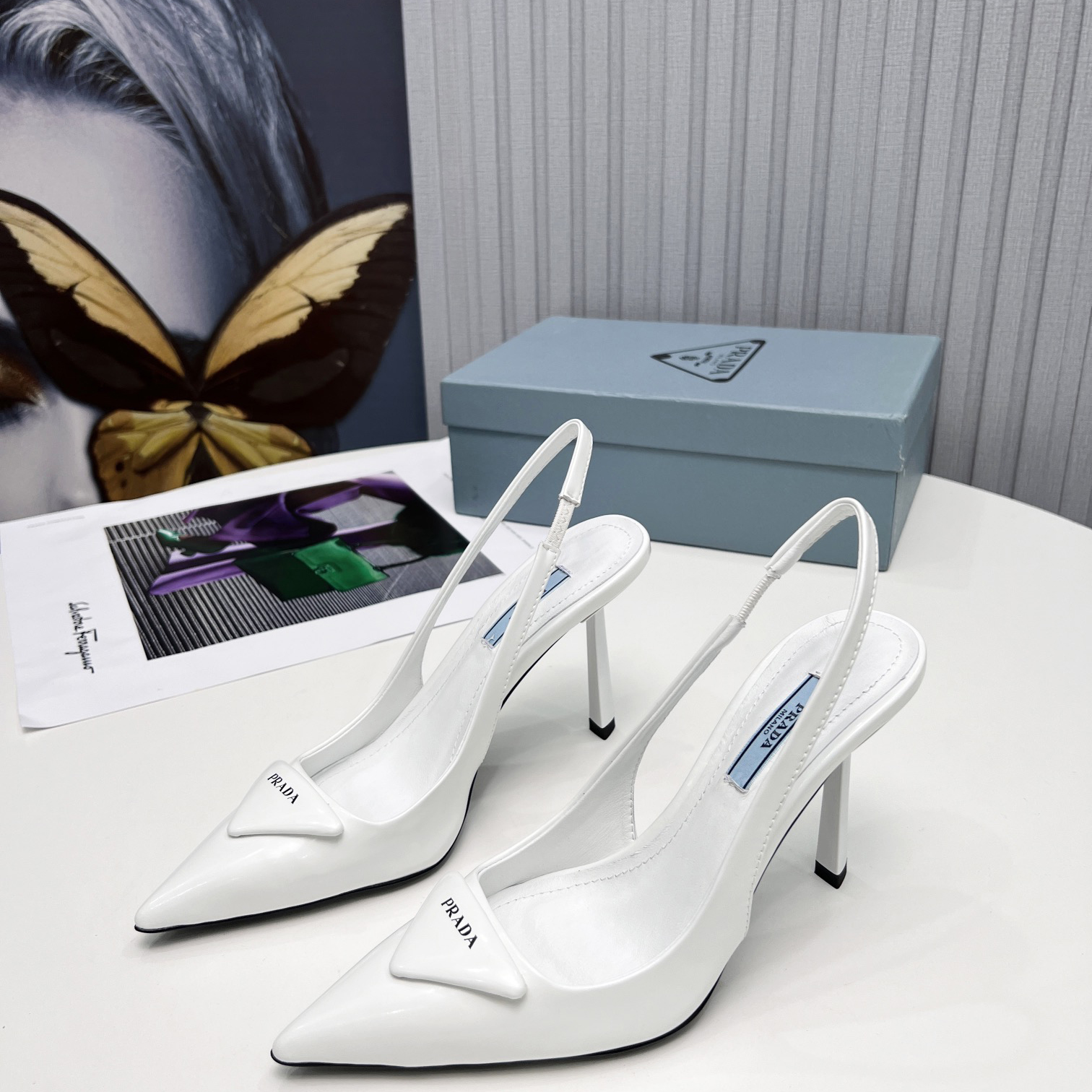 Prada Brushed Leather Slingback Pumps In White - everydesigner