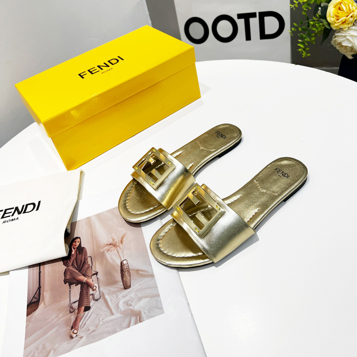 Fendi Baguette Gold nappa leather slides - everydesigner