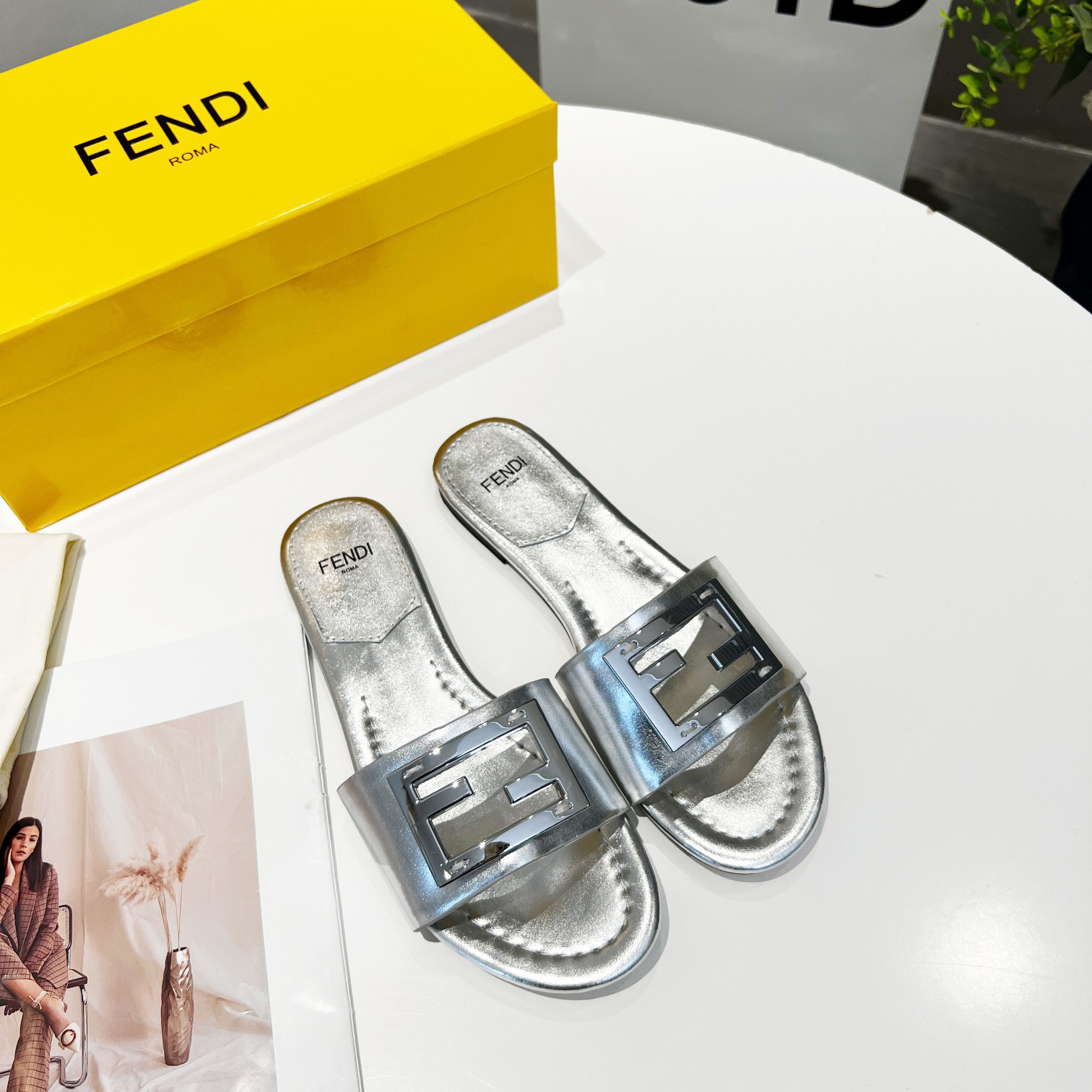 Fendi Baguette Silver Nappa Leather Slides - everydesigner