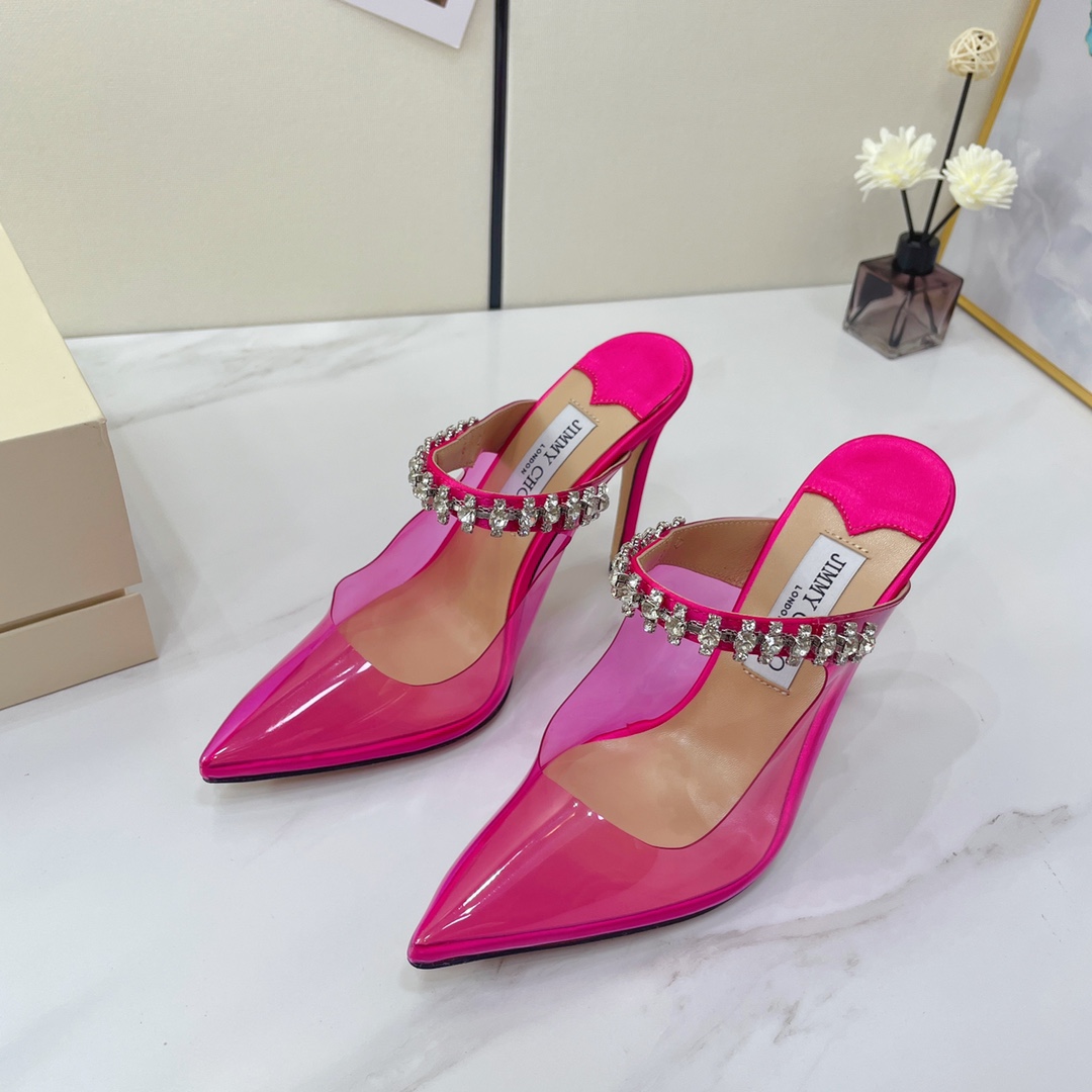 Jimmy Choo Bing 100 Hot Pink Neon Plexi Mules With Pink Crystal Strap - everydesigner