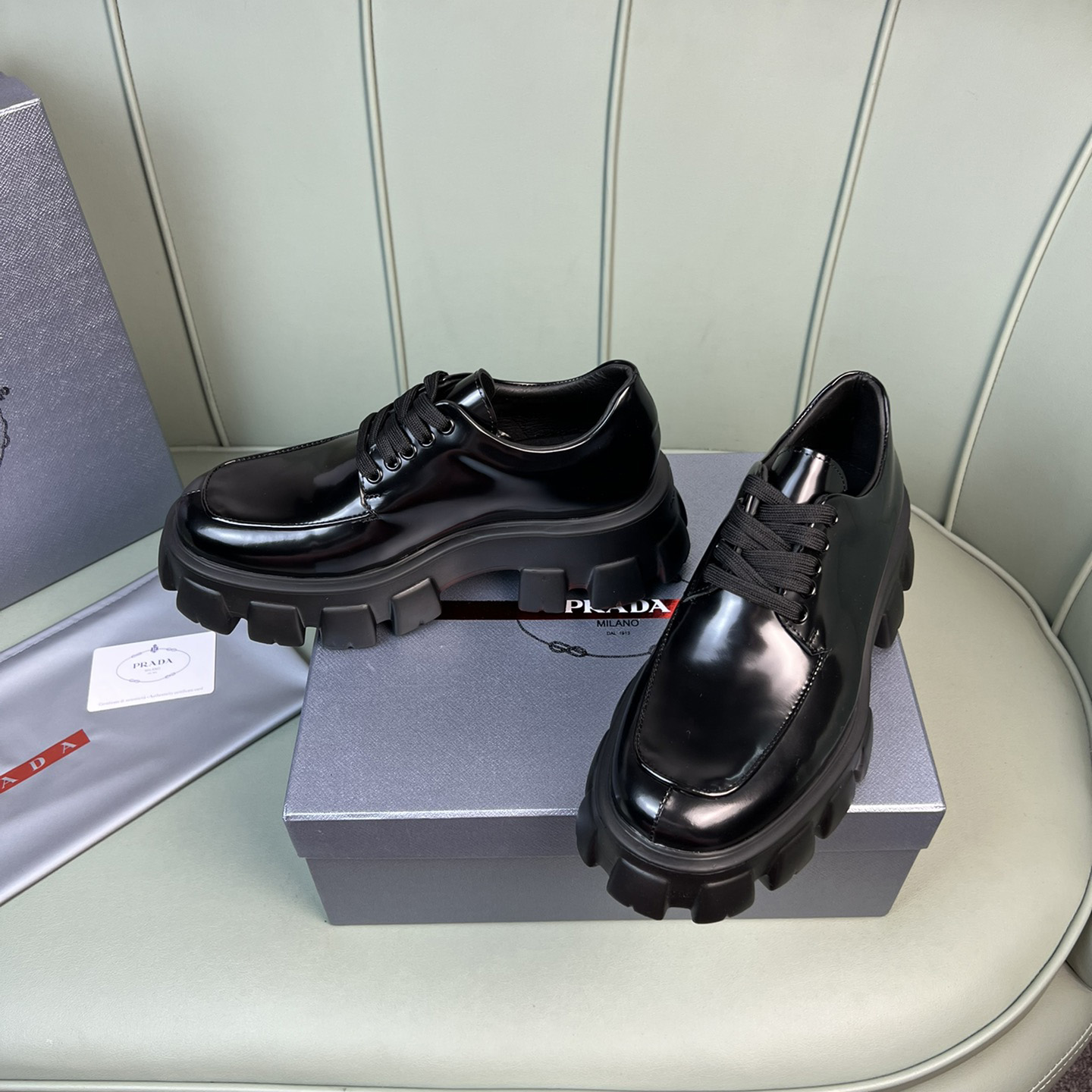 Prada Monolith Brushed Leather Lace-Up Shoes - everydesigner